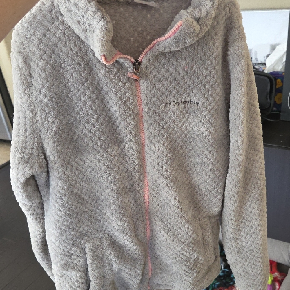 Columbia Kids Light Gray Fleece Jacket with Pink Accents